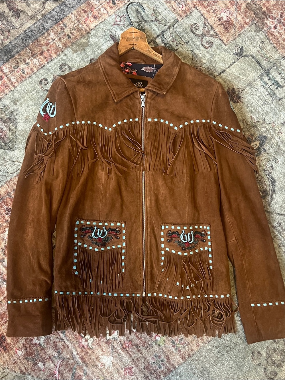 Scully Brown Suede Fringe Leather Jacket with Turquoise Embellishment